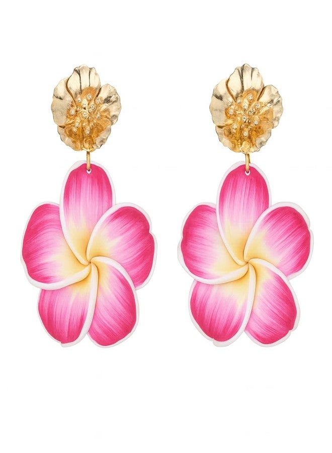 ZENCHEER Pink Flower Earrings for Women,Gold Plated Floral Drop Dangle Earrings Statement Beach Party Vacation Hawaiian Style Jewelry Gift (White Pink) - Image 1